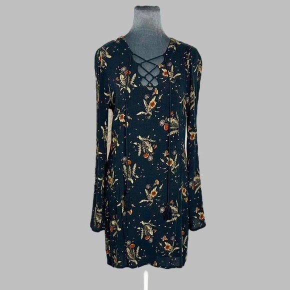 Altar’d State boho grunge fall floral bell sleeve mini dress L - Picture 1 of 8